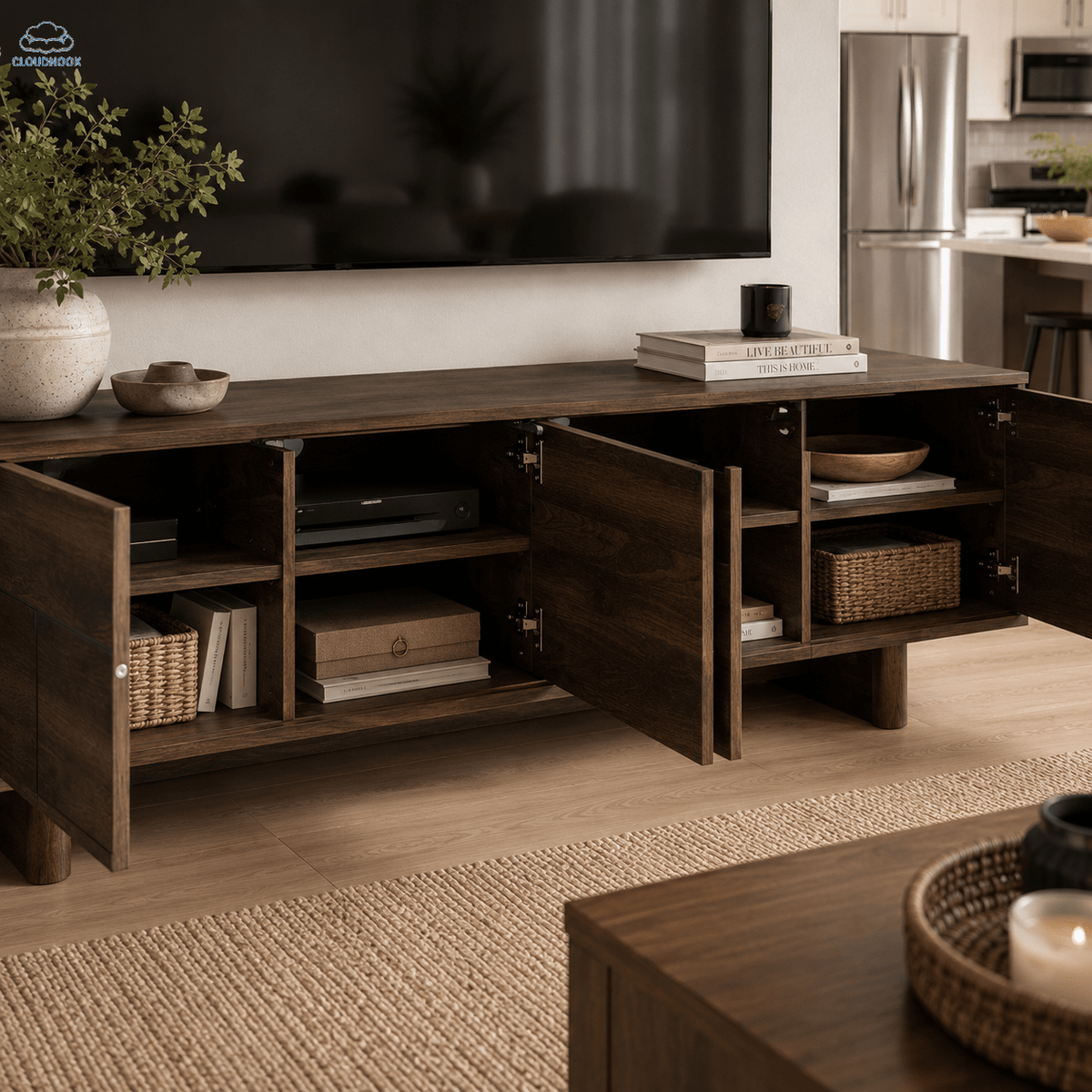 Modern TV Stand for TVs Up to 85" Suitable for 85-inch Screens, Dark Brown Entertainment Center with Solid Legs, Push-Door Cabinets & Adjustable Shelves, Cable Management System for Media Rooms, Furniture