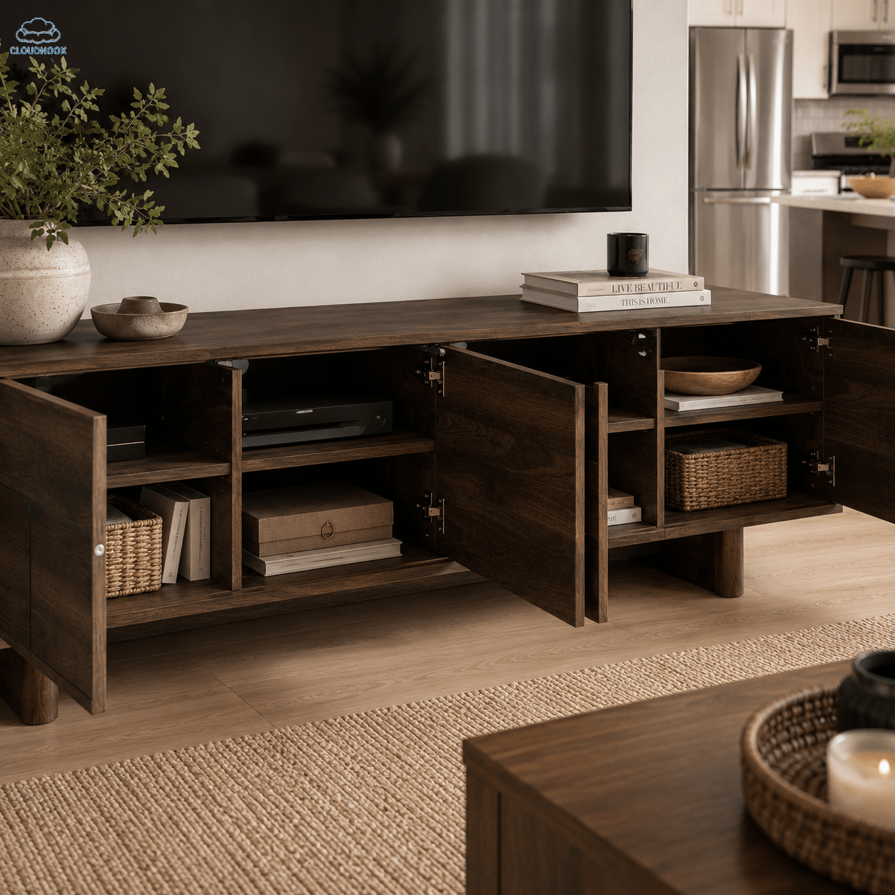 Modern TV Stand for TVs Up to 85" Suitable for 85-inch Screens, Dark Brown Entertainment Center with Solid Legs, Push-Door Cabinets & Adjustable Shelves, Cable Management System for Media Rooms, Furniture